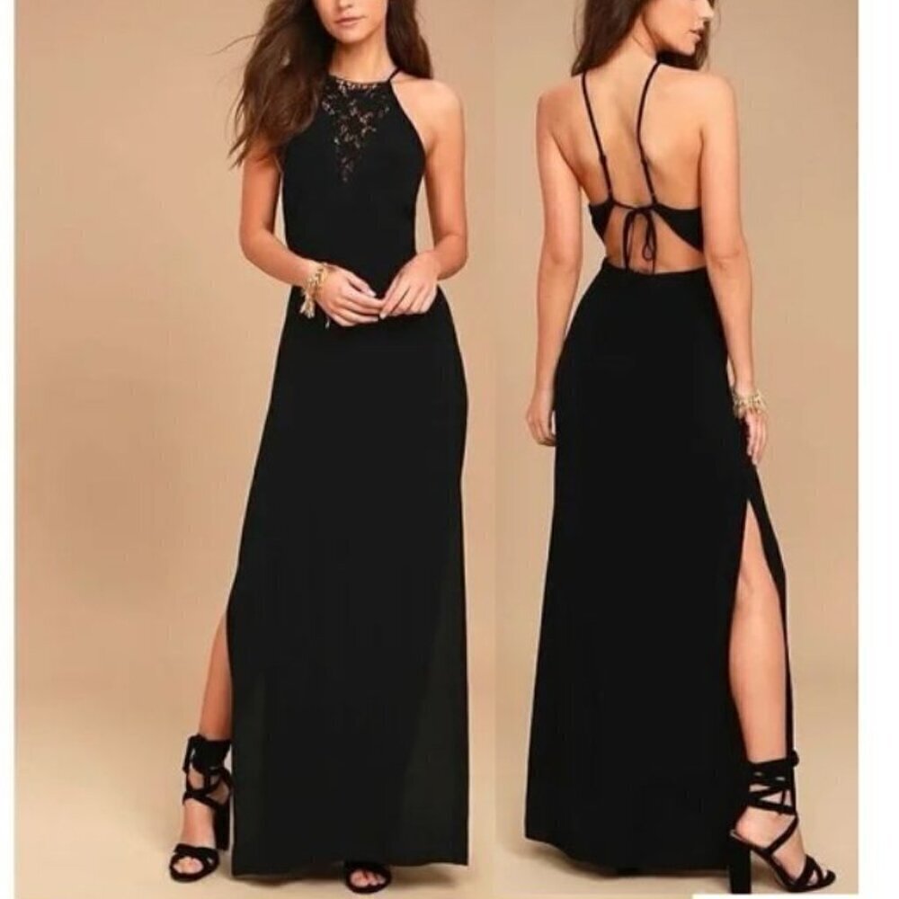 ASTR Petra Black Lace Halter Maxi Dress Open Back M